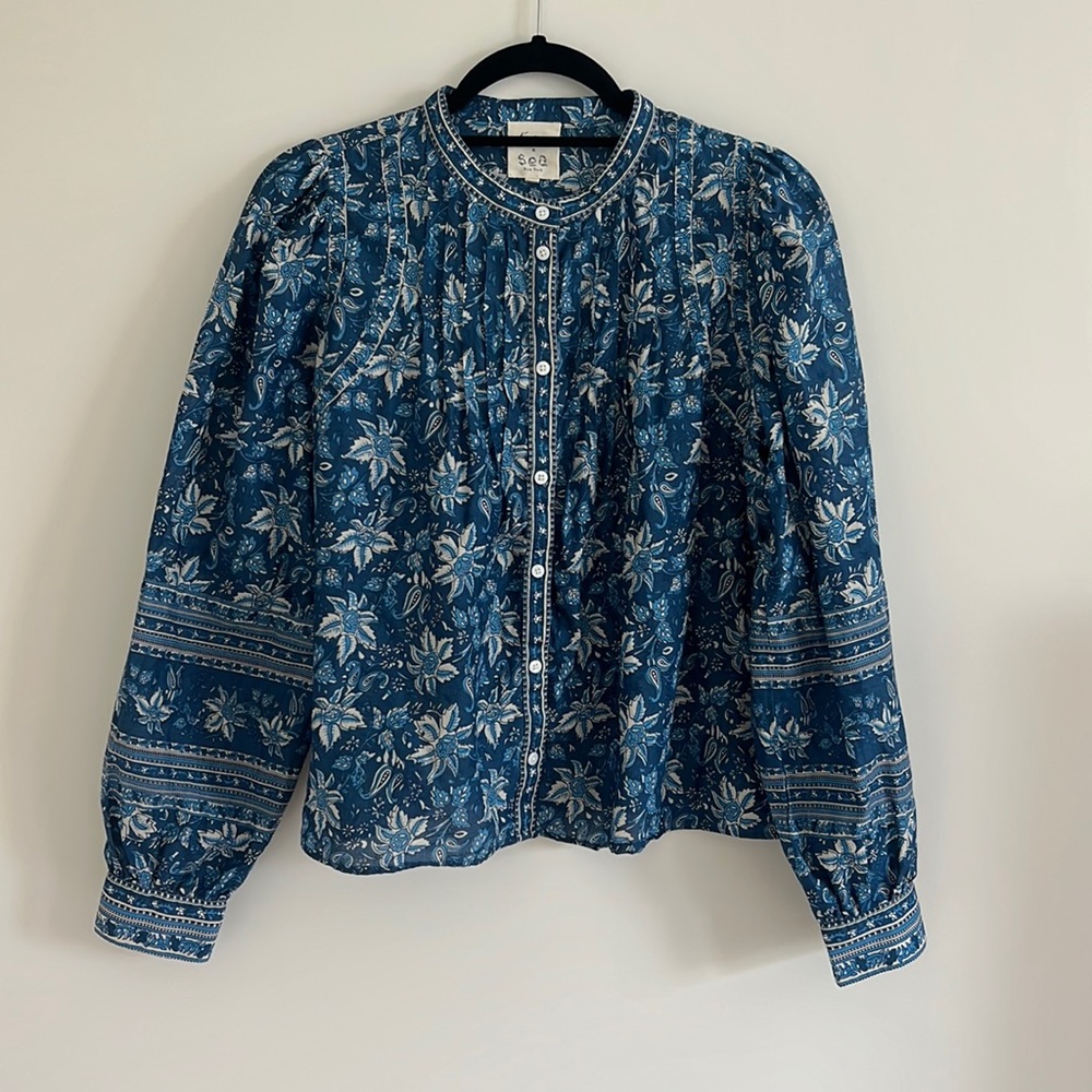 Sézane x Sea NY Mariana Shirt - Linen Print Blouse with Pleated Front, Size 36